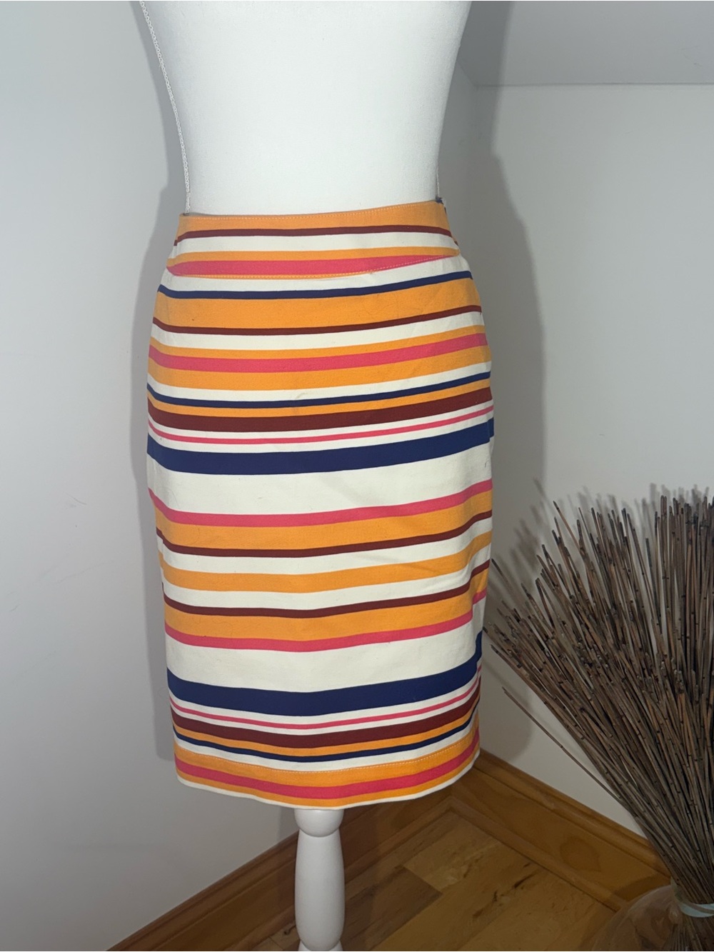 Striped Multicolor Pencil Skirt - White, Yellow & Navy Sz 6